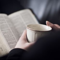 Woman Read the Bible and Drink Tea or Coffee